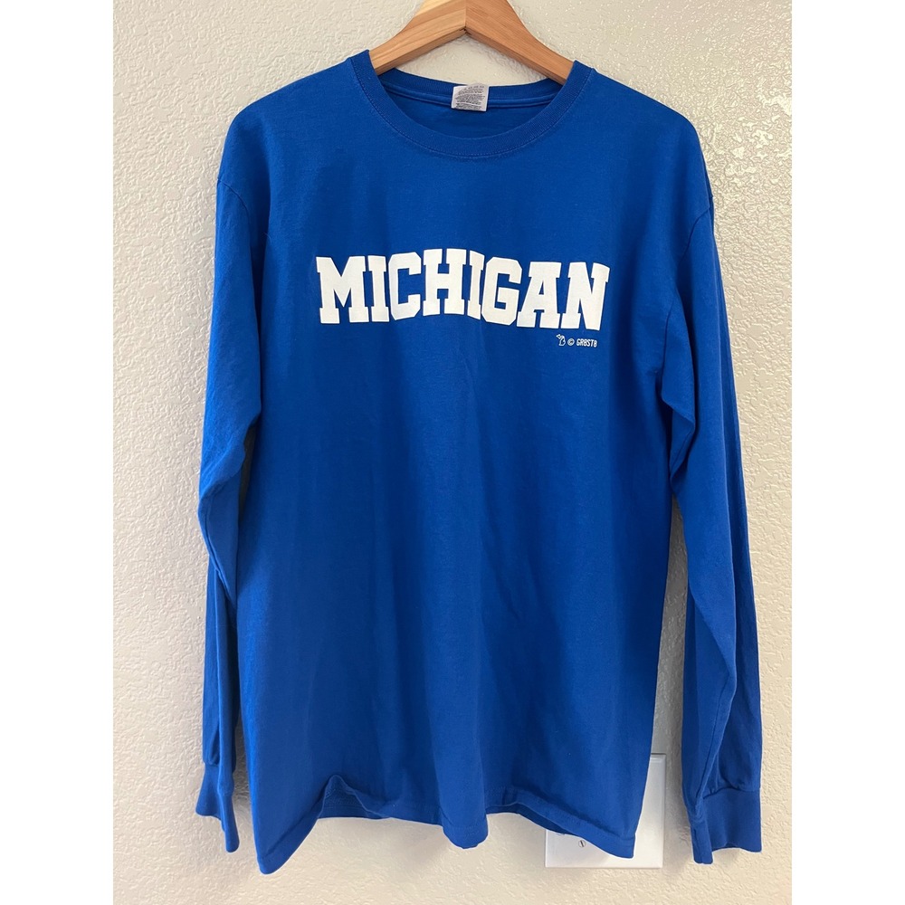 Fruit of the Loom Michigan Long Sleeve T-Shirt Blue Mens Large Heavy HD Cotton
